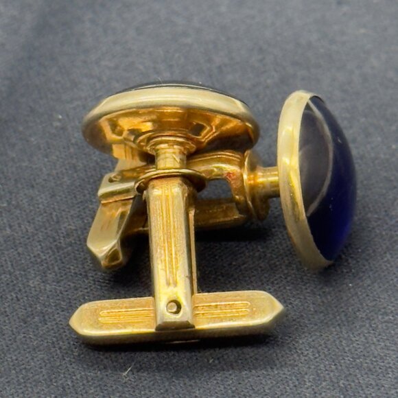 Vintage Hickok Gold Tone Blue Glass Cabochon Cufflinks Mid Century MCM - Picture 5 of 9